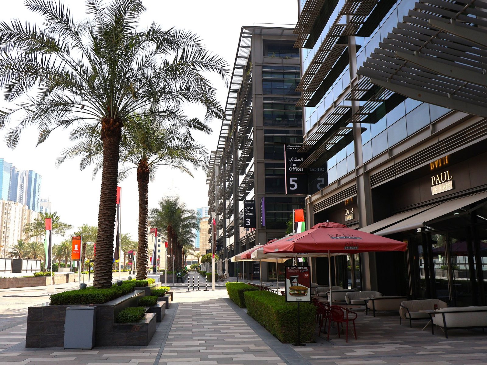 A shaded contemporary street with palm trees and cafe seating at ground level.
