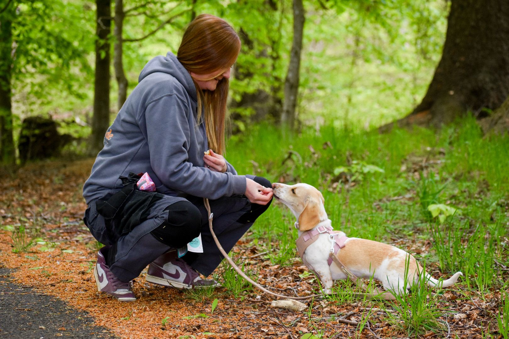 Kirsten feeding a small dog a treat