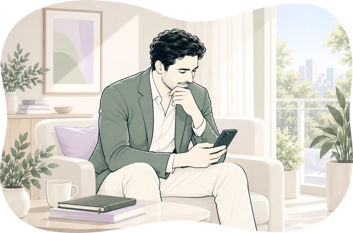 Illustration: an agent in an armchair, reading a message on his phone.