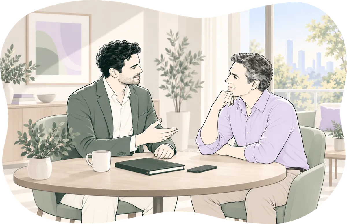 Illustration: an agent talks a client through it across a table, a notebook and a phone between them.