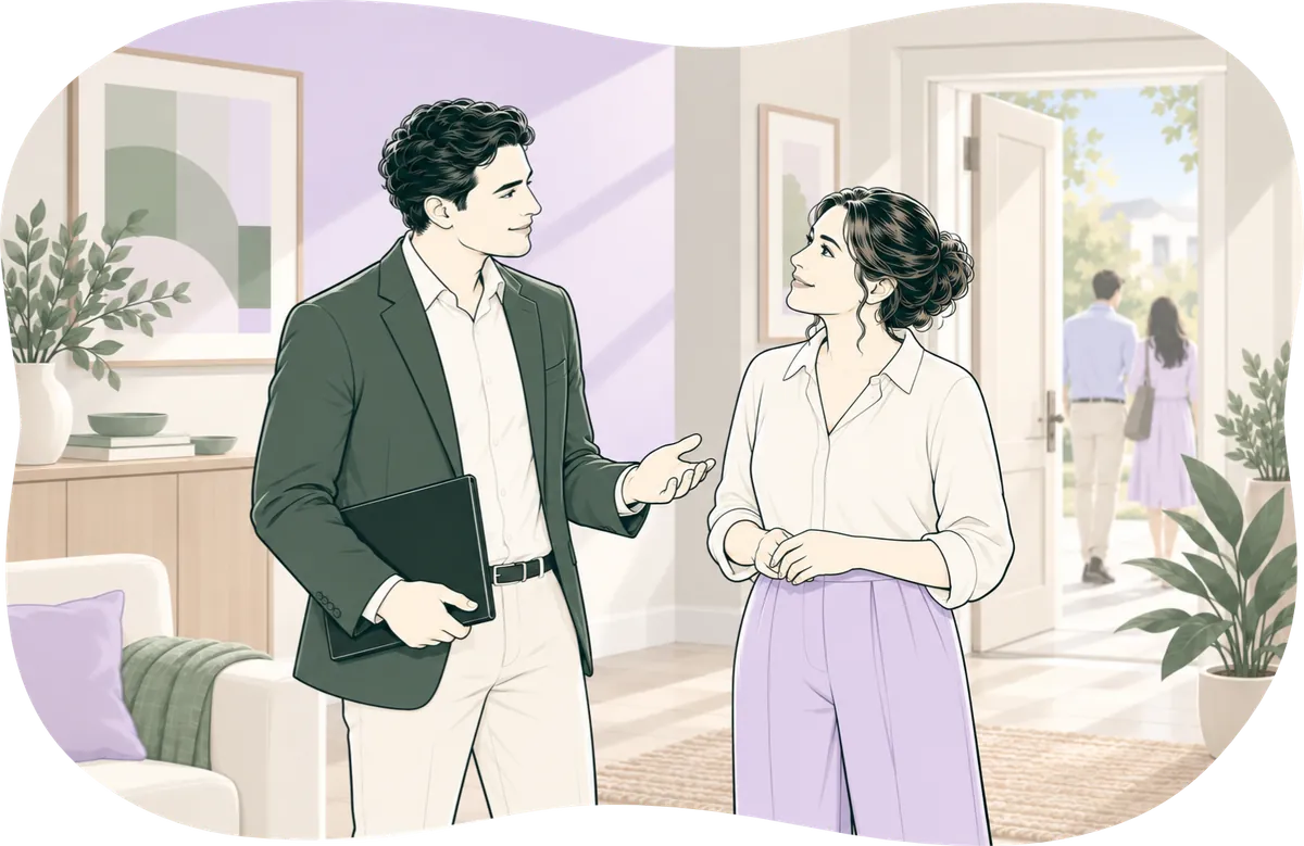 Illustration: an agent talks with the seller in her hallway as the buyers leave through the open front door.