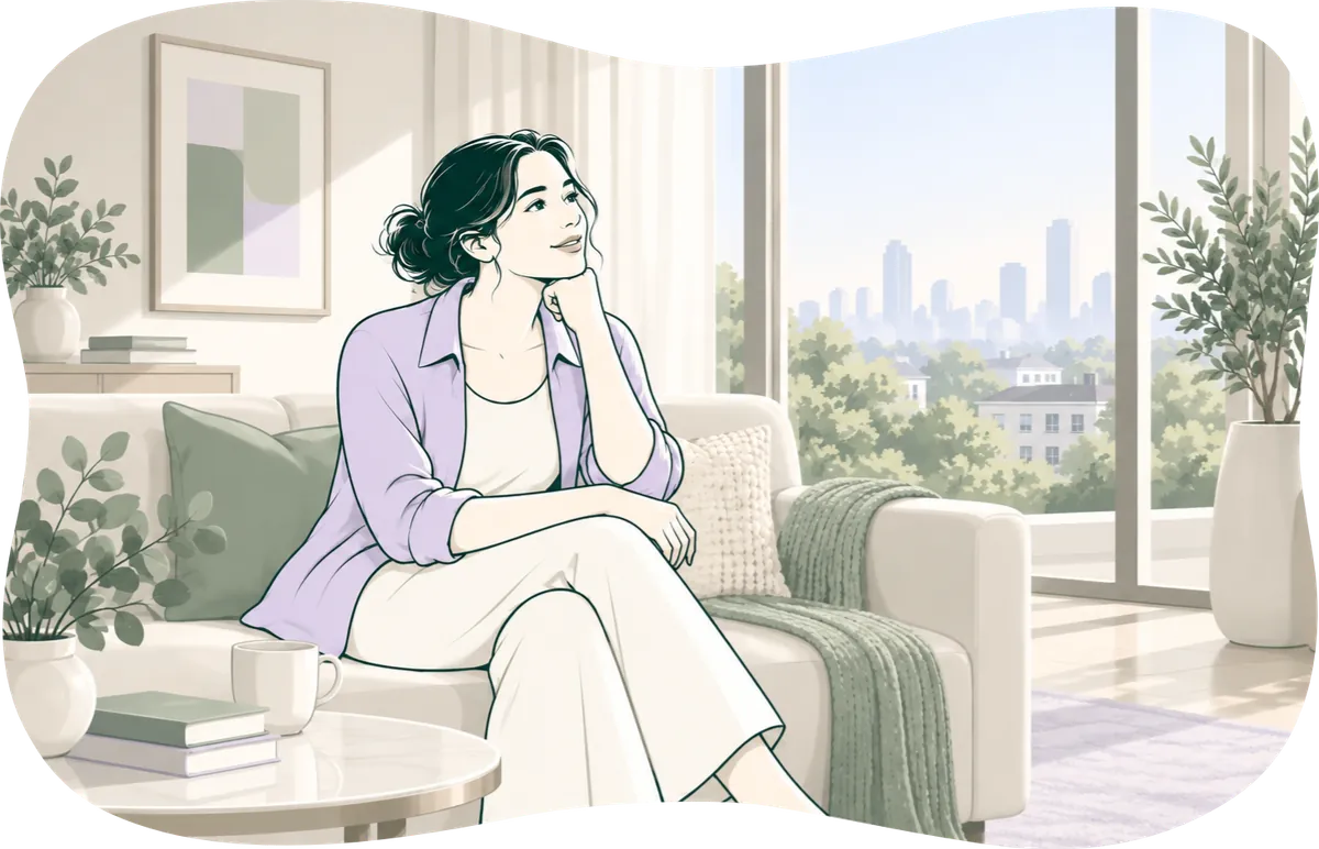Illustration: the buyer on her sofa, chin in hand, thinking it over.