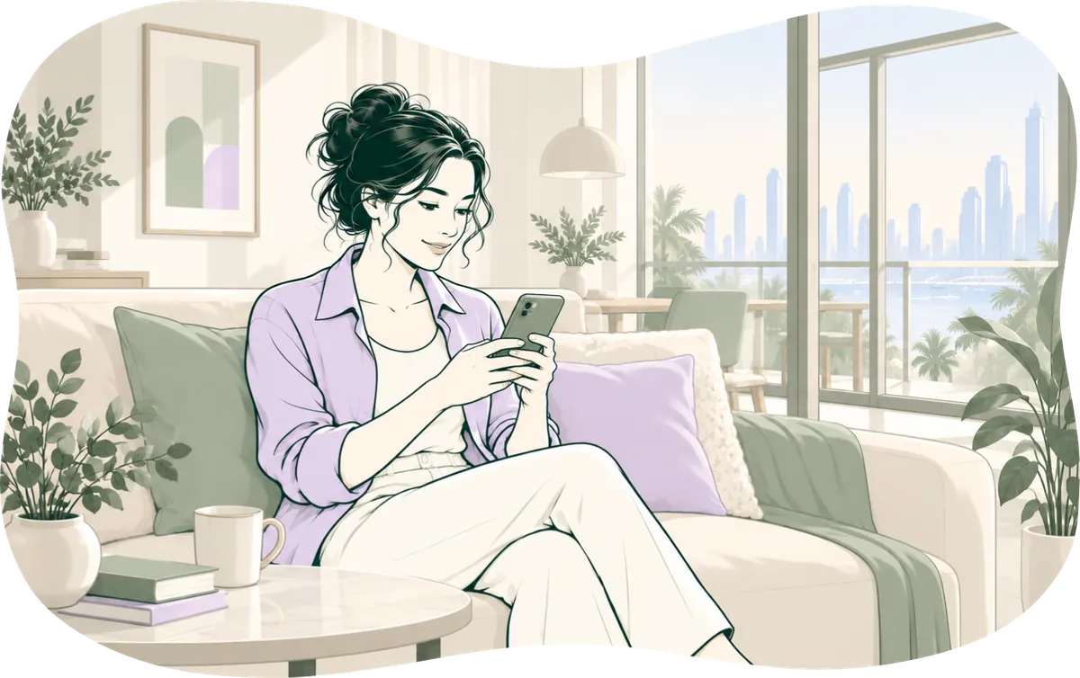Illustration: a woman on her sofa, looking at homes on her phone.