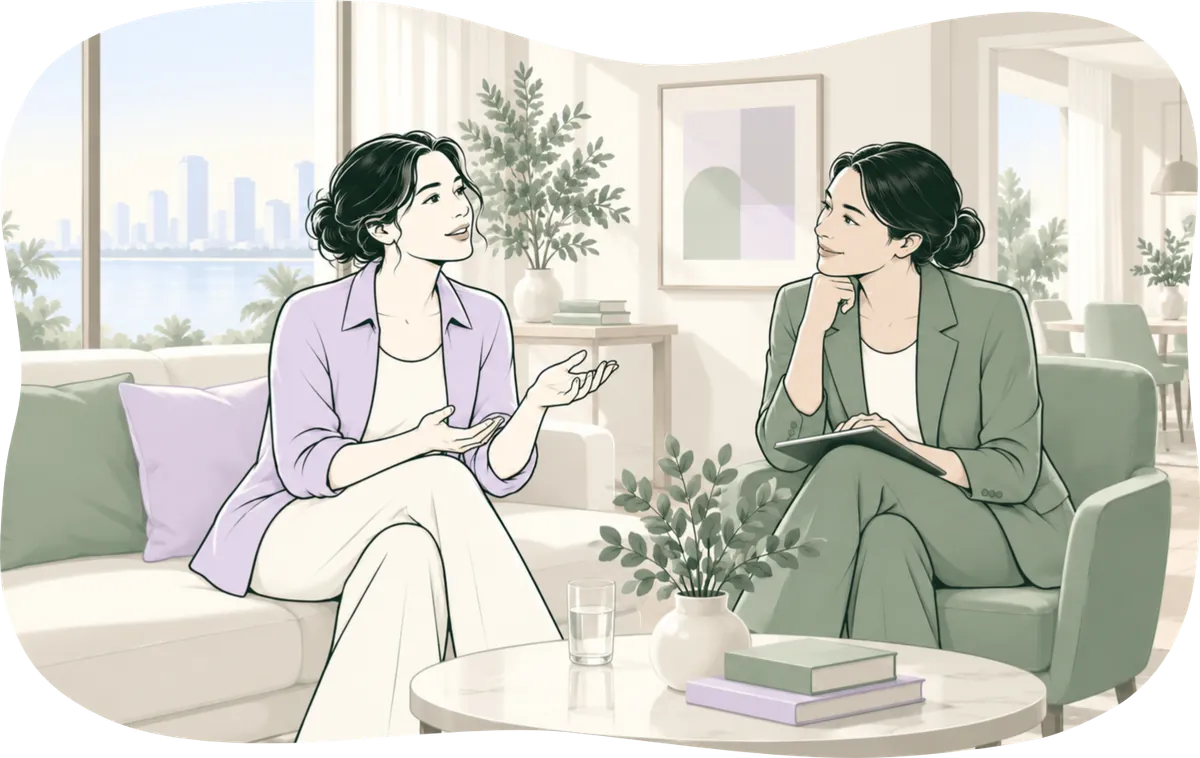 Illustration: a buyer and an agent sit and talk it through.