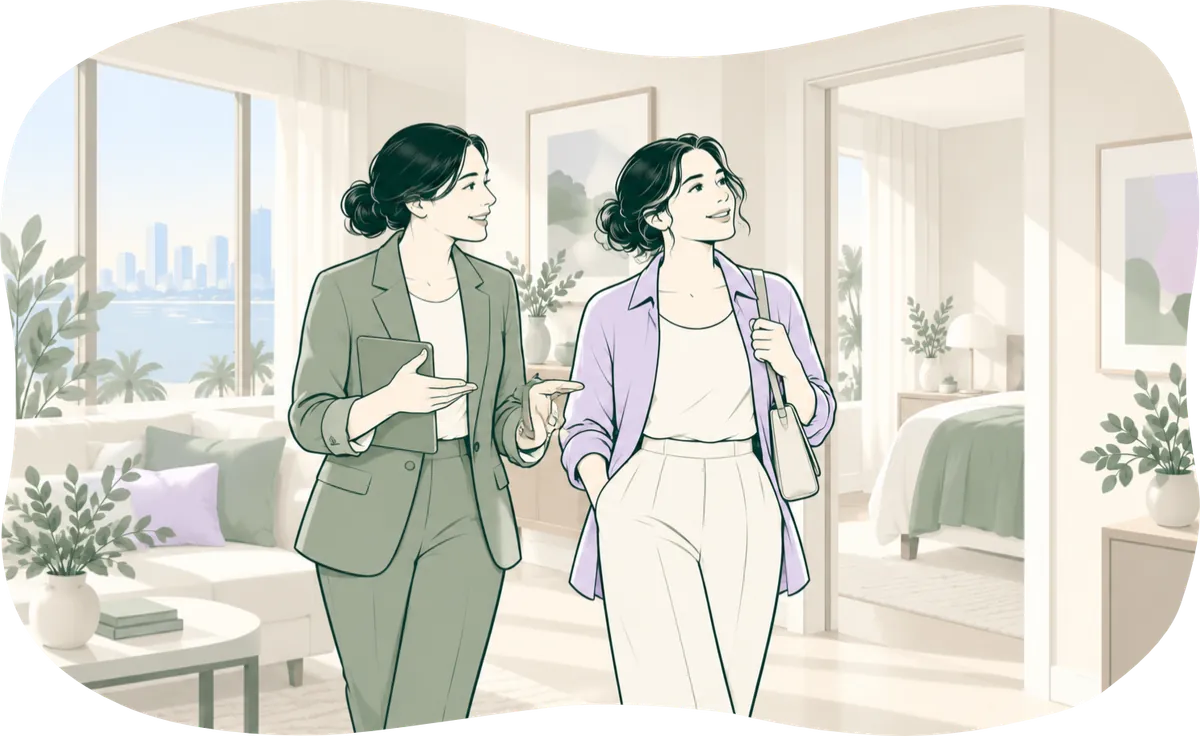 Illustration: a buyer walks through a flat with an agent.