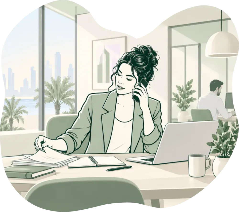 Illustration: an agent on the phone at her desk, papers, notebook and laptop around her.