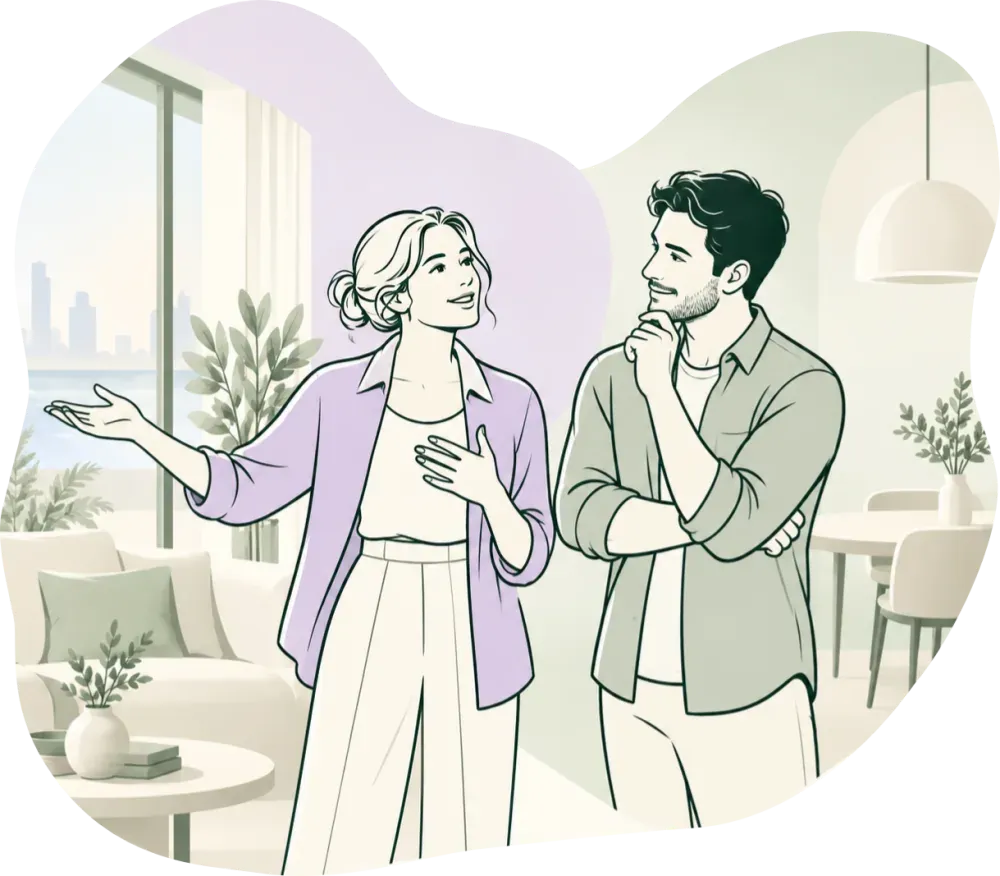 Illustration: a woman describes what she wants from a home while the man beside her listens, hand to his chin.