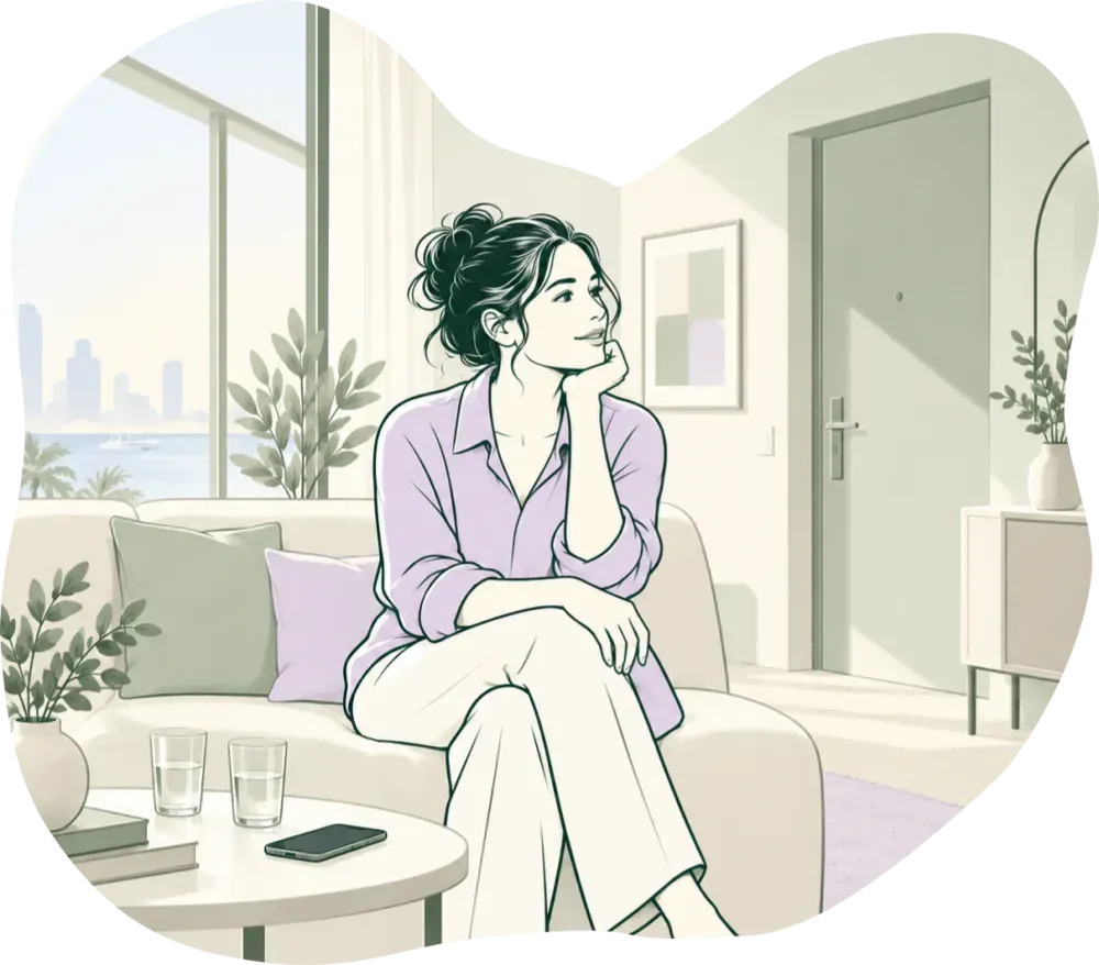 Illustration: a woman waits on her sofa, chin in hand, for news of a viewing.