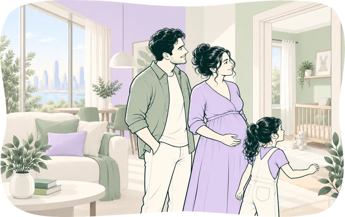 Illustration: a young family at home, looking into the room that will become the nursery.