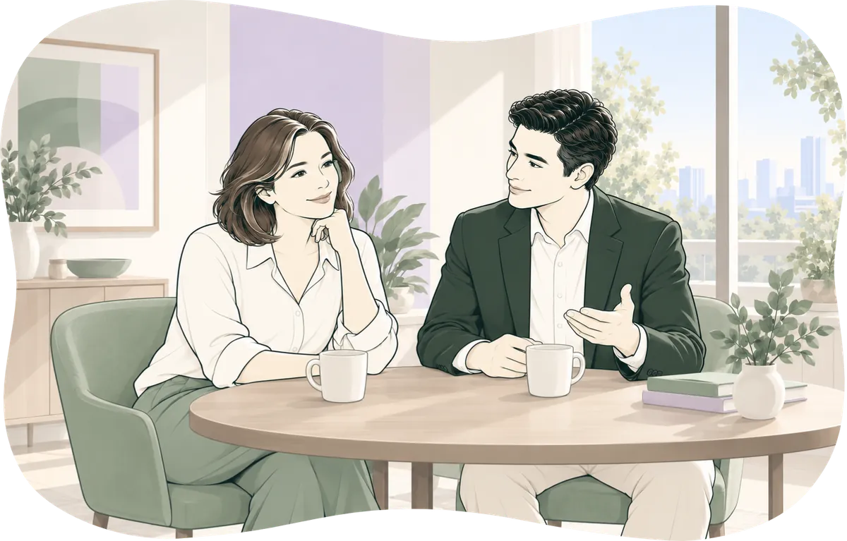 Illustration: the seller and agent talk it over afterwards across a table, coffee in front of them.