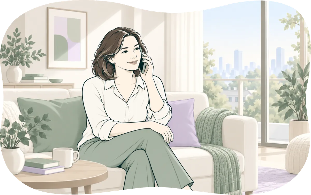 Illustration: a seller at home on her sofa, taking a call about a viewing.