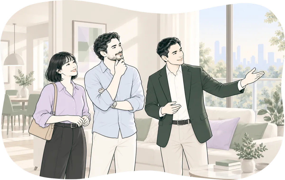 Illustration: an agent shows a couple around the property.