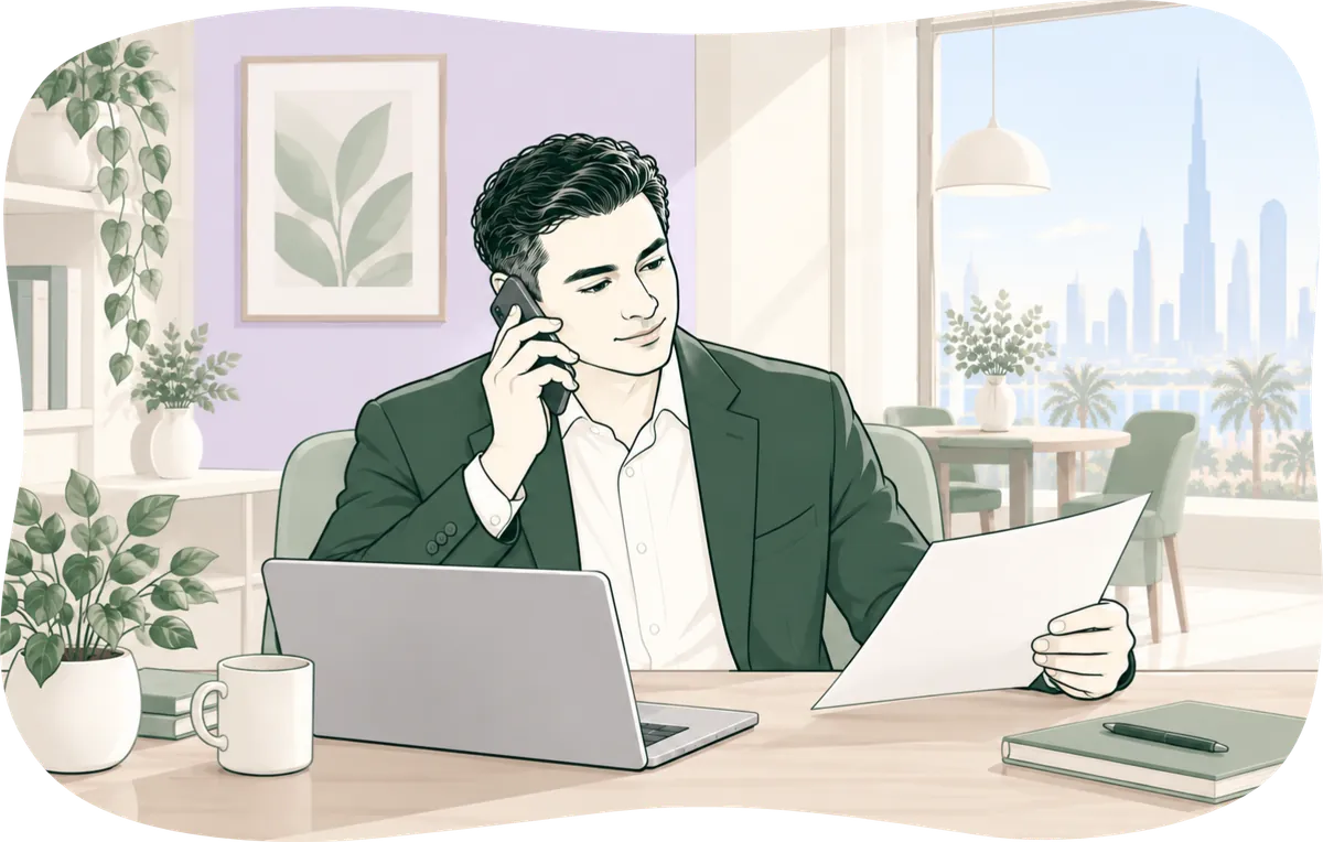 Illustration: an agent on the phone at his desk, reading a document, his laptop open in front of him.