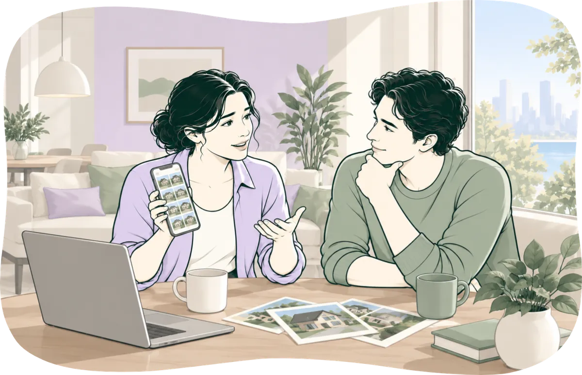 Illustration: a woman holds up a phone full of listings, trying to explain to the man beside her what she is looking for.