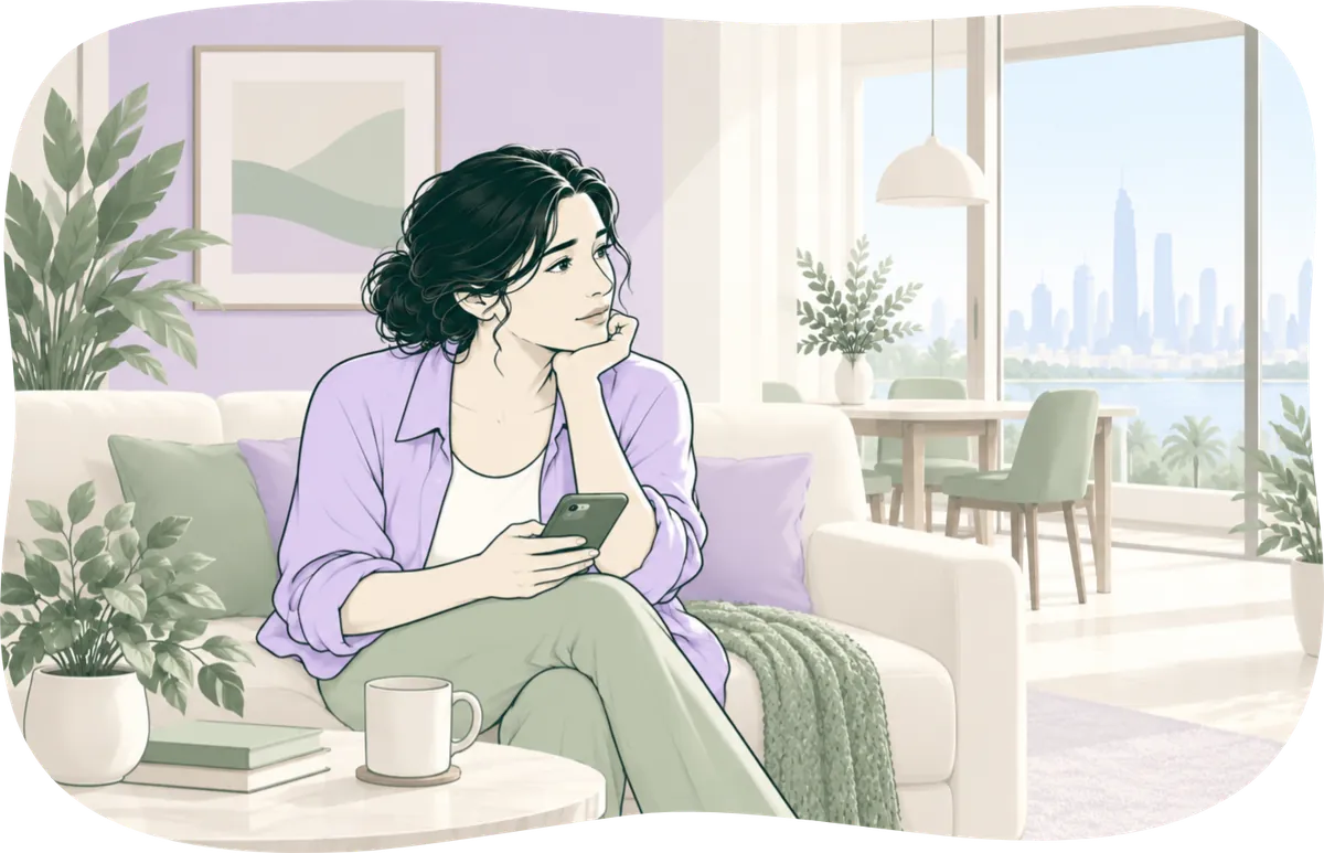 Illustration: a woman on her sofa with her phone, waiting for an update.
